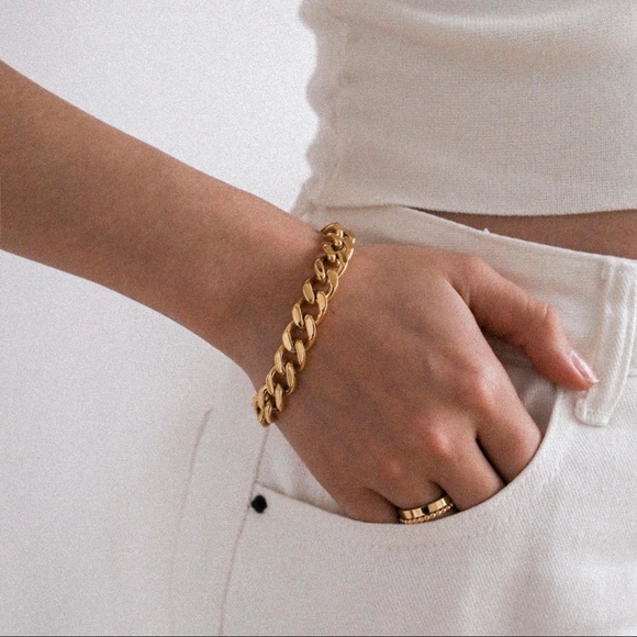 18K Gold Plated Titanium Thick Curb Chain Bracelet - Picture 1 of 11